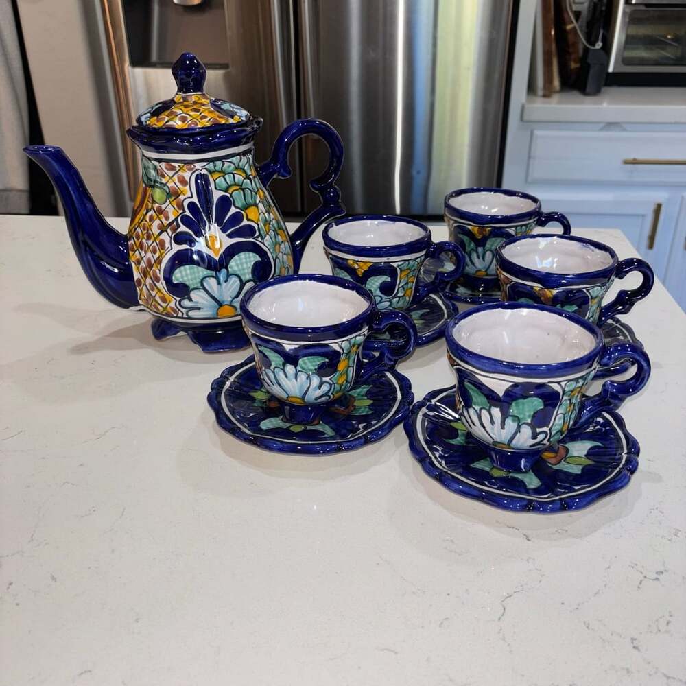 Mexican Talavera Hand Painted Ceramic Teapot Teacups Saucers Set